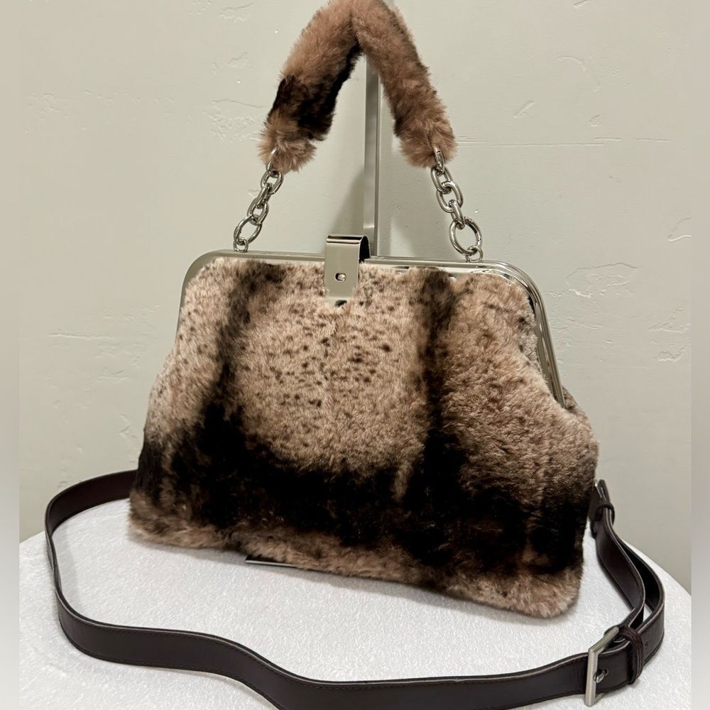 Real Rex Rabbit Fur Handmade Unique Rivet Frame Push Lock Handbag, Crossbody - Picture 3 of 16